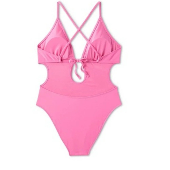 Shade & Shore Pink Tie-Front Plunge One Piece Swimsuit Size Women Small 4-6 NEW - Picture 4 of 11